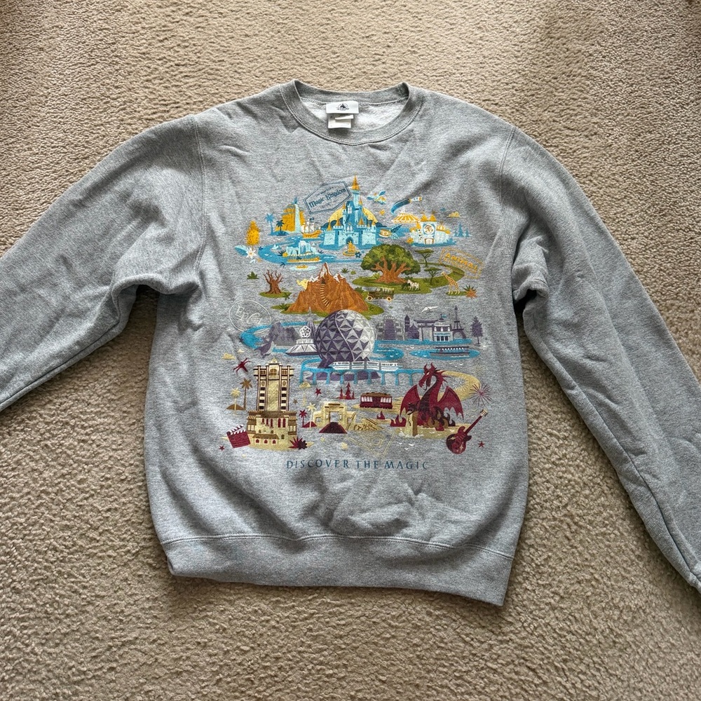 Disney Grey Crewneck Sweatshirt with Multicolor Theme Park Graphic